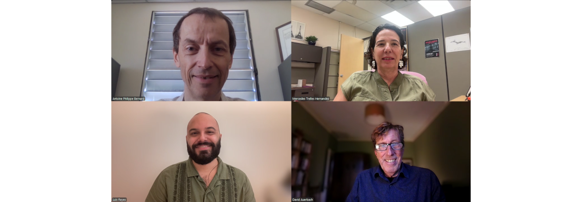 From left to right, Antoine Philippe, Ph. D., Mercedes Trelles, Ph. D., Luis Manuel Reyes Rivera, and thesis advisor David Auerbach, Ph. D. From left to right, Antoine Philippe, Ph. D., Mercedes Trelles, Ph. D., Luis Manuel Reyes Rivera, and thesis advisor David Auerbach, Ph. D.