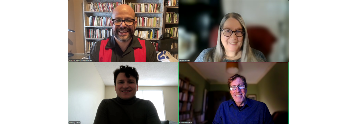 From left to right, Alejandro Álvarez-Nieves, Ph. D., Prof. Jane Barnes Ramírez, Timothy Flavin , and thesis advisor David Auerbach, Ph. D. From left to right, Alejandro Álvarez-Nieves, Ph. D., Prof. Jane Barnes Ramírez, Timothy Flavin , and thesis advisor David Auerbach, Ph. D.